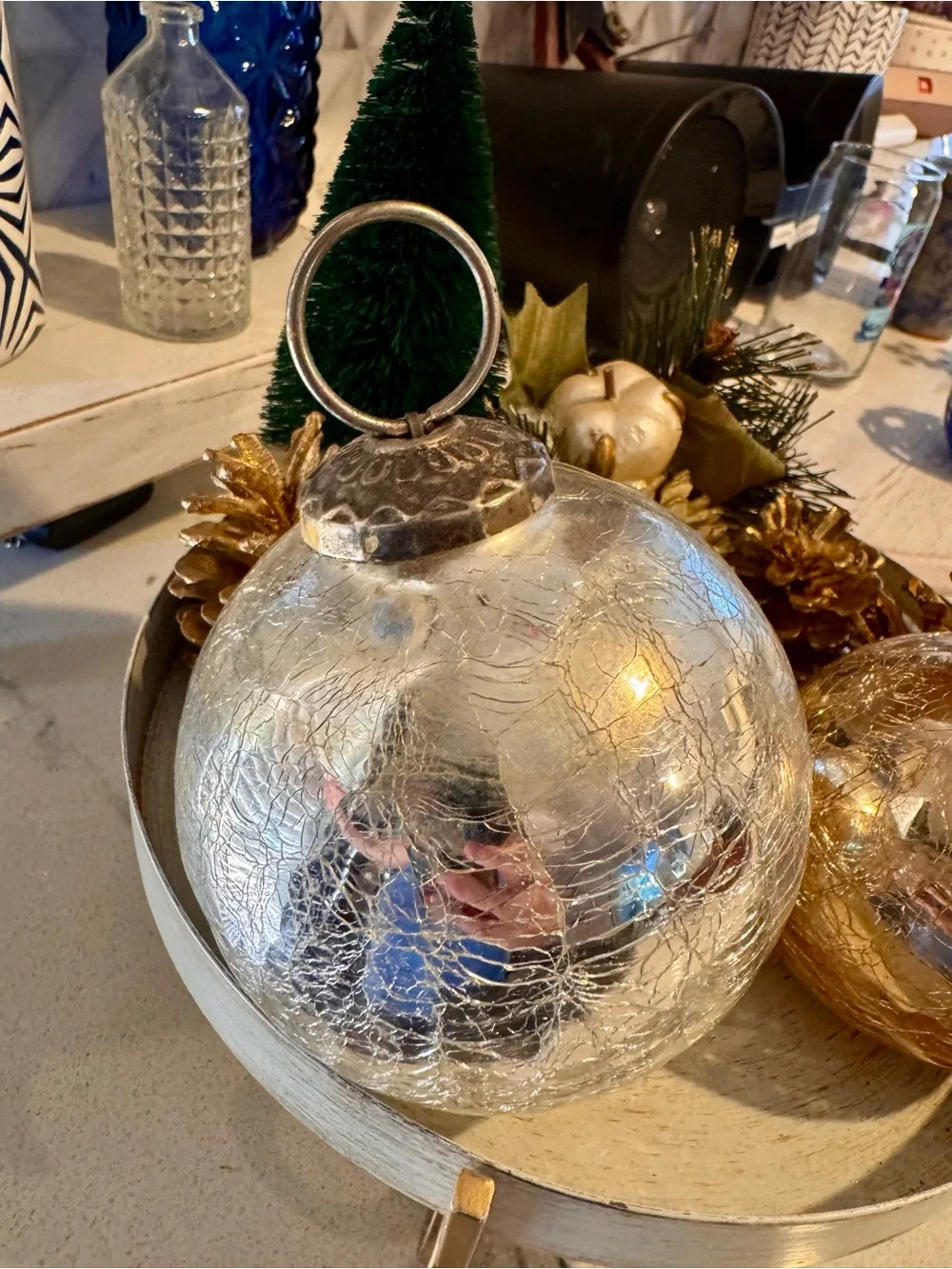🎄Set of 2 Kugel Style Heavy Blown Crackle Glass Ornaments Gold & Silver Lot